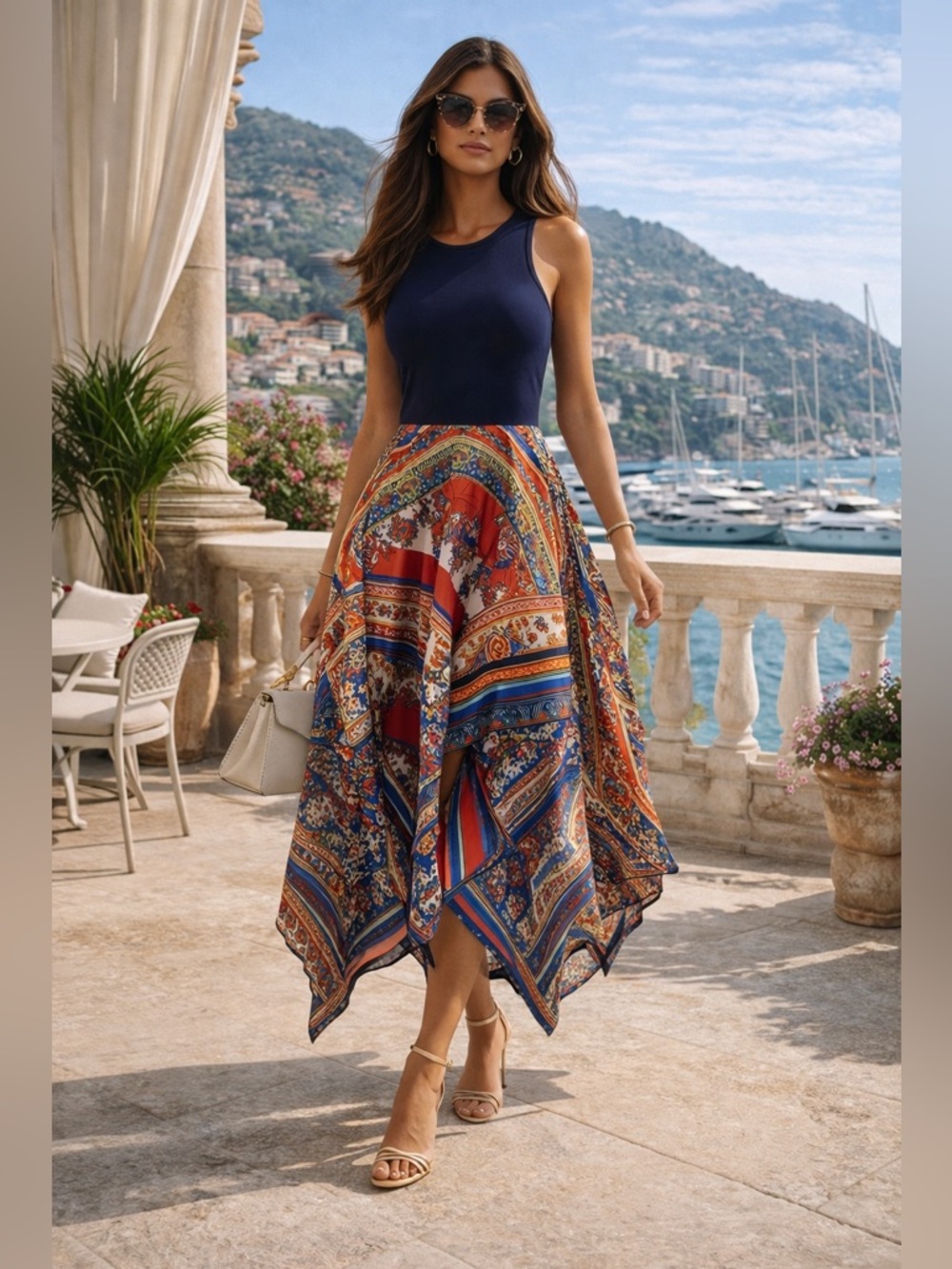 VENUS Navy Top with Multicolor Printed Midi Skirt